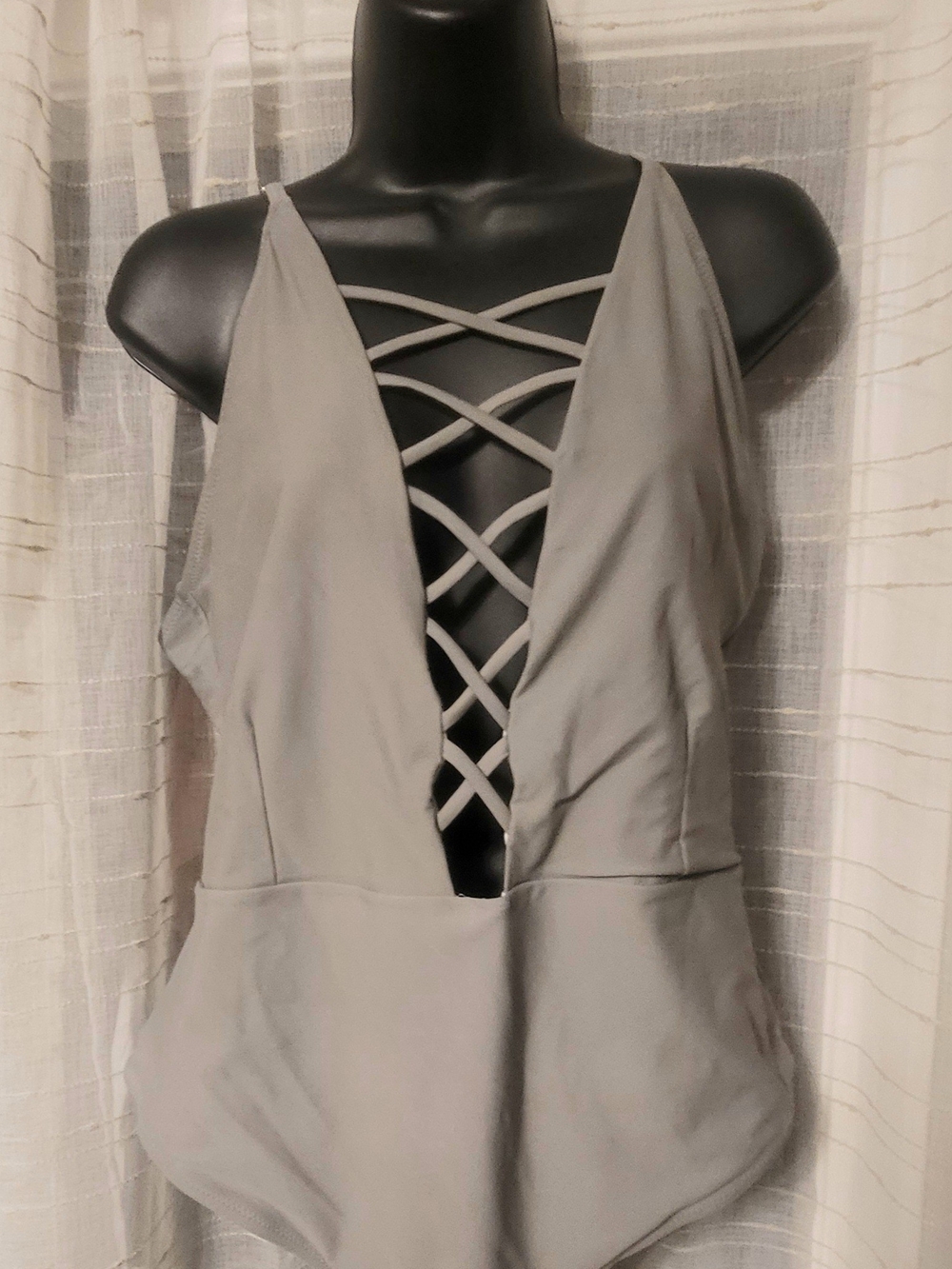 Crisscross Plunge One-Piece Swimsuit in Light Gray